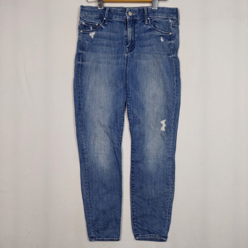 Mother The Looker Crop Jeans Graffiti Girl Distressed Skinny Blue 28 1121G-173
